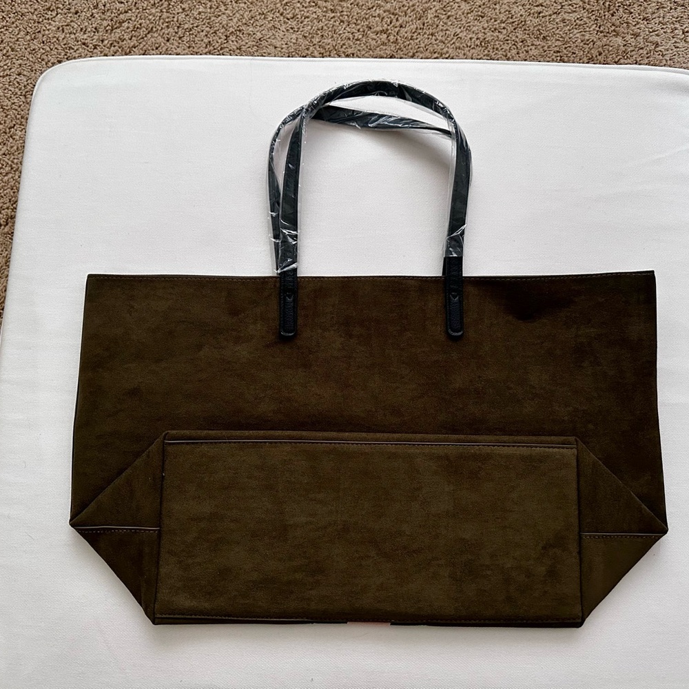 NWOT-Neiman Marcus Olive Green and  Pink Canvas Tote Bag with Minimalist Design - Picture 3 of 7
